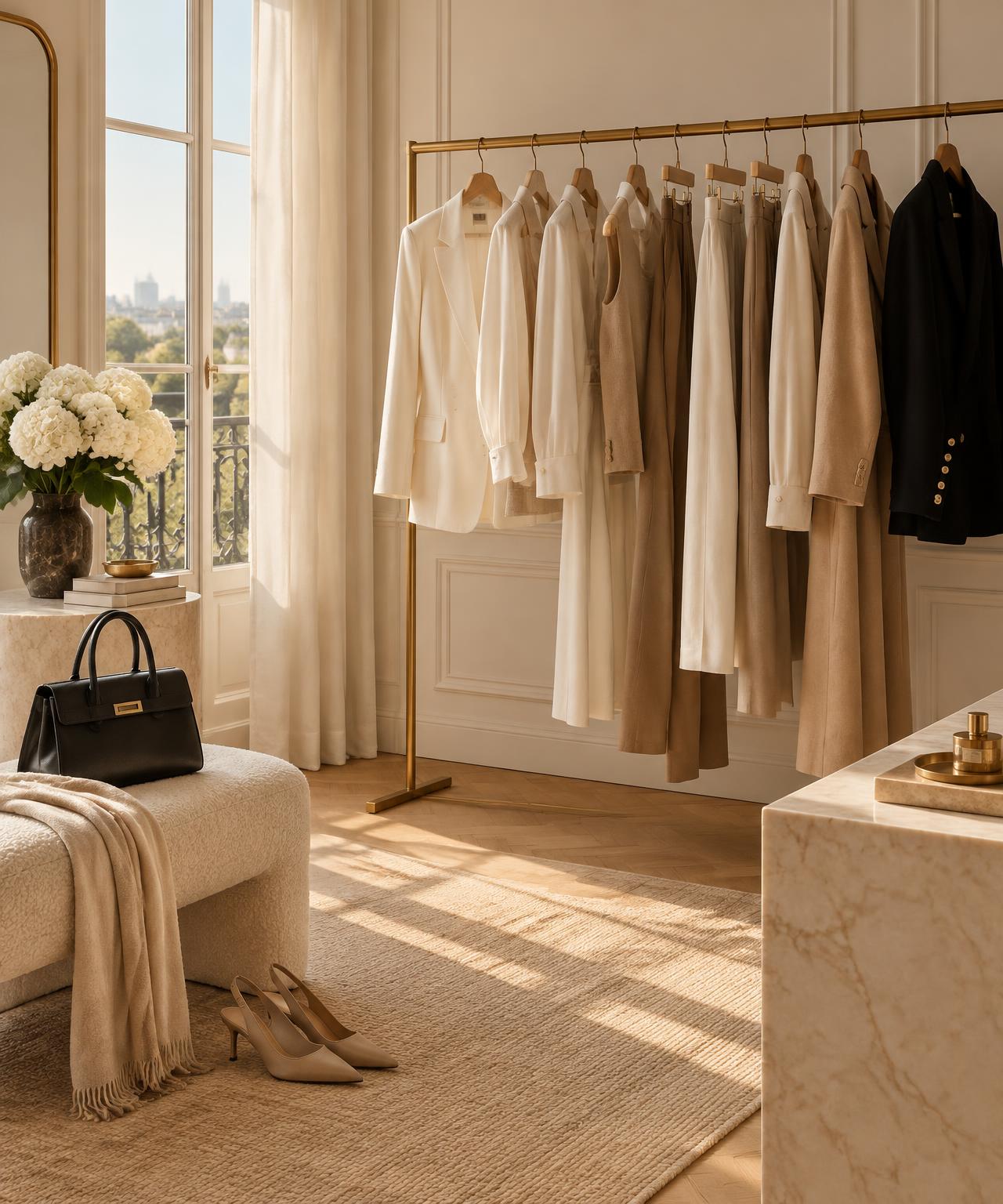 Ambiente elegante com roupas de alfaiataria em tons neutros